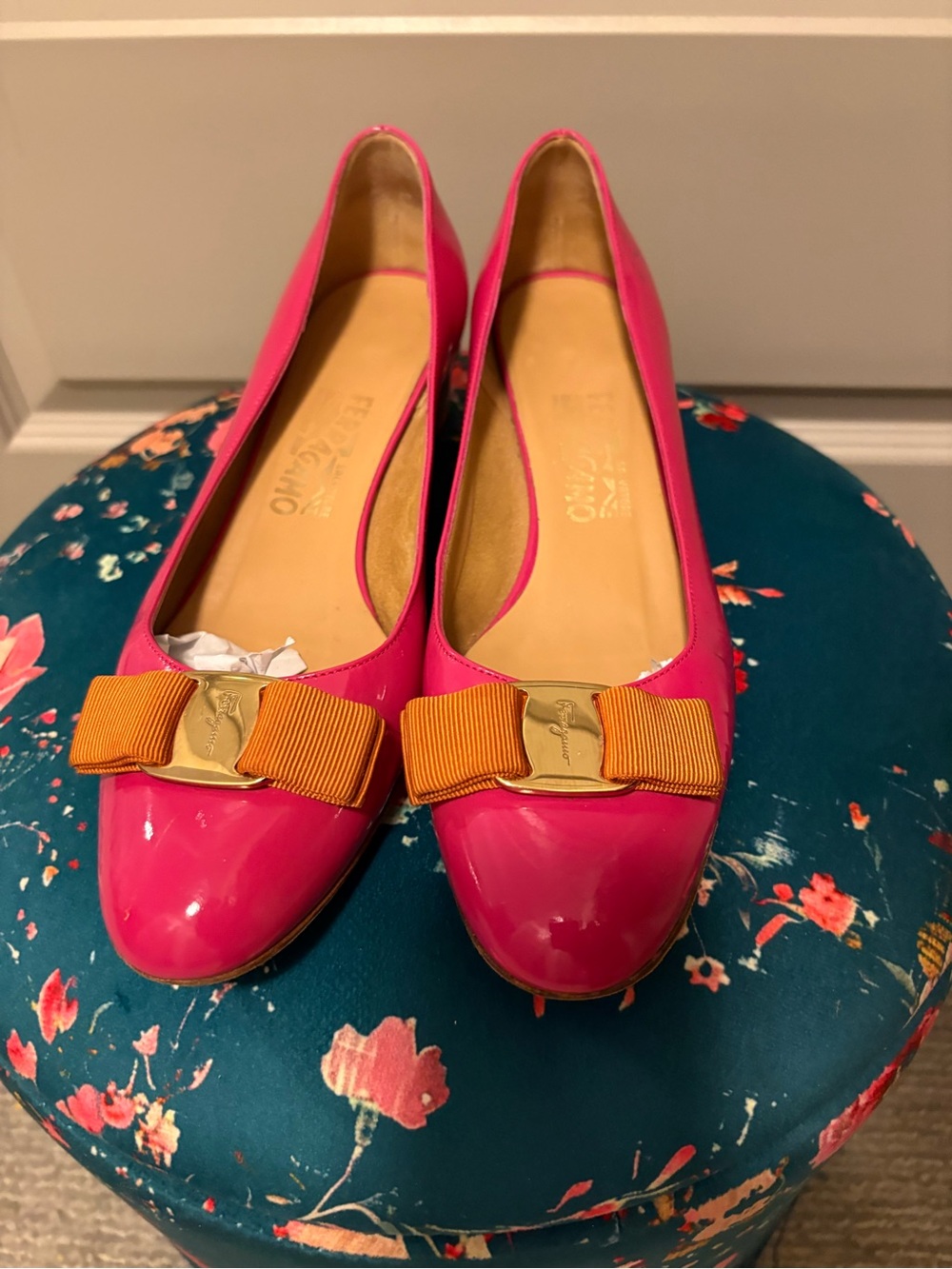 Salvatore Ferragamo Vintage Pink Patent Leather Bow Flats
